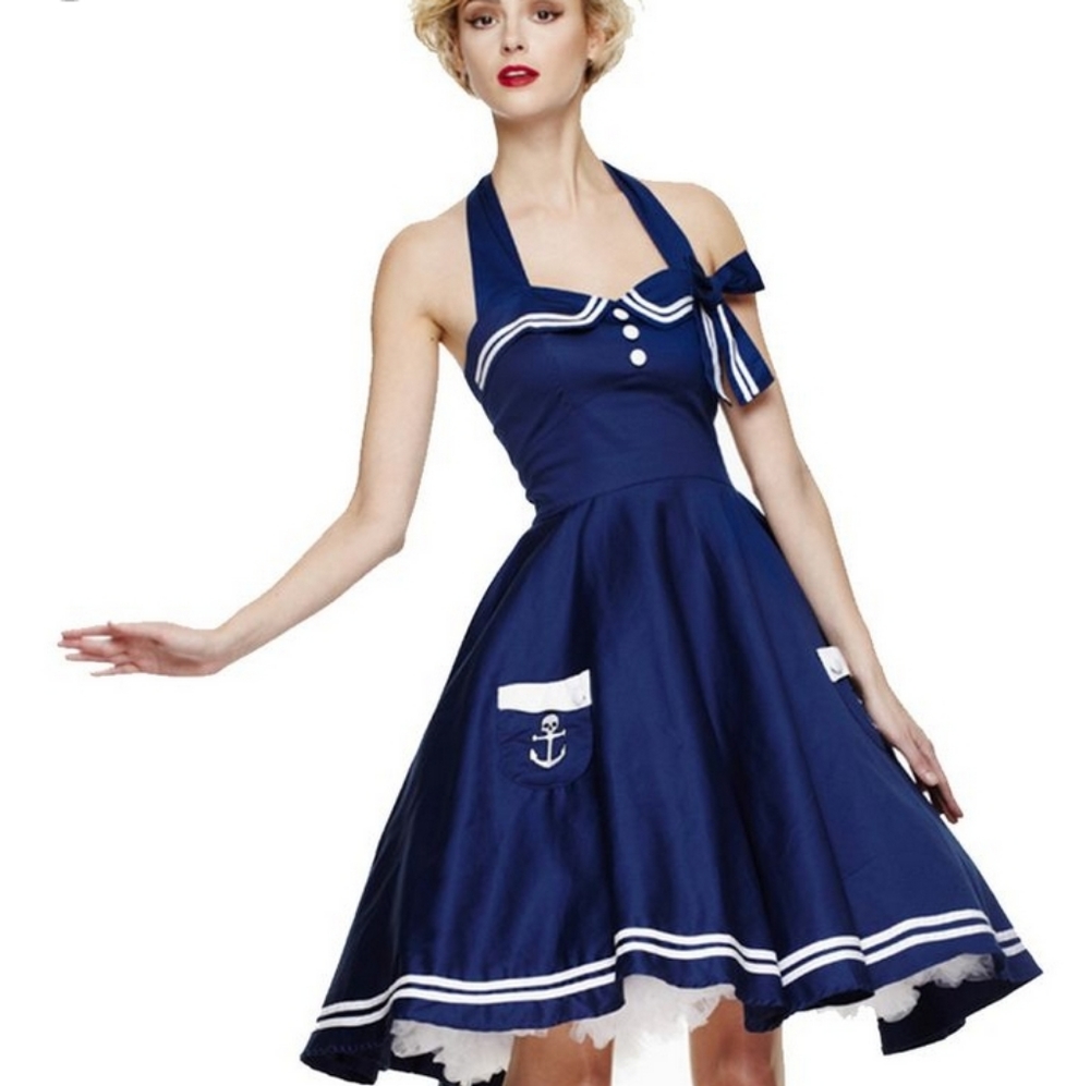 Hell Bunny Navy Sailor Halter Mini Dress with White Trim